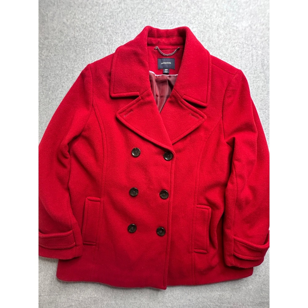 Lands End Women's Red Wool Blend Double Breasted Pea Coat Jacket Size 18W